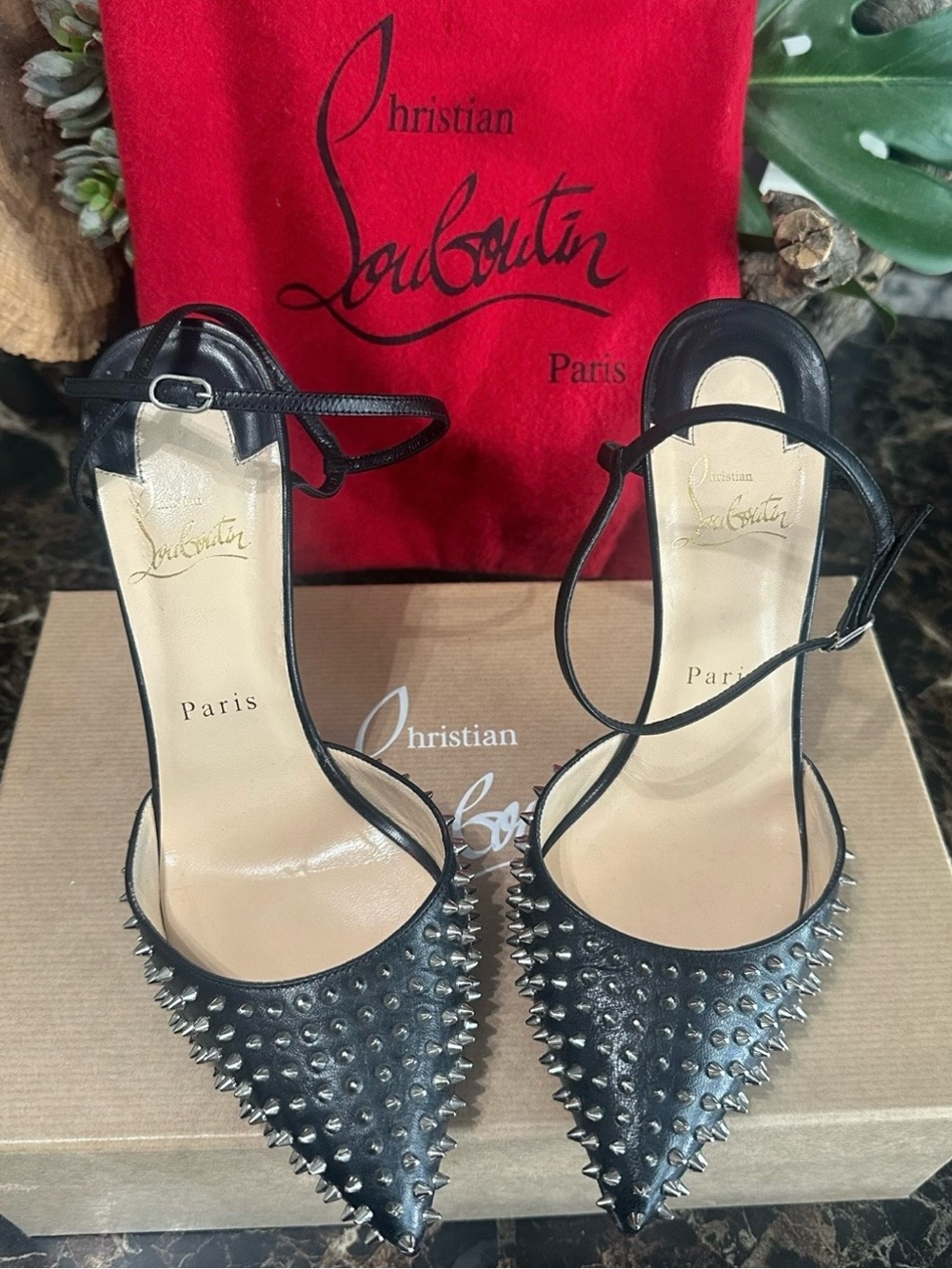 Christian Louboutin Black Spike-Embellished Ankle-Strap Pumps